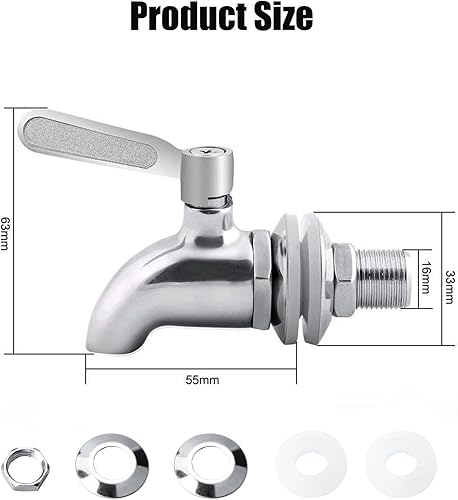 Dfuqanb Robinet de Rechange pour Distributeur de Boisson G1/2, Robinet de Rechange en Acier Inoxydable, pour Eau Chaude et Froide, bière, vin, jus de Bouteille, Seau, Argent, 16 mm - Nail Gallerys