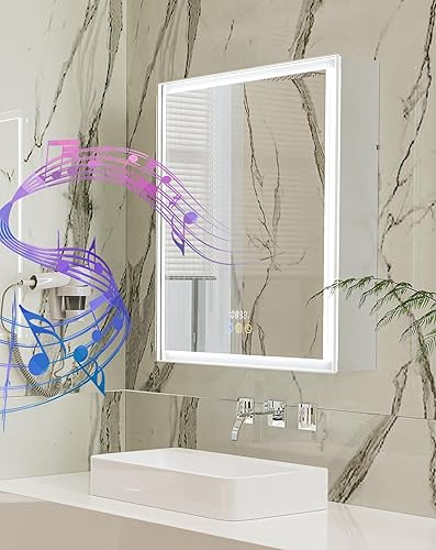 LUVODI Armoire Salle de Bain avec Horloge et Bluetooth: 60x50cm Miroir de Toilette avec Éclairage et Prise Support pour Sèche-Cheveux et Rasoir Meuble Miroir avec Étagère Réglable Pharmacie Anti Buée - Nail Gallerys