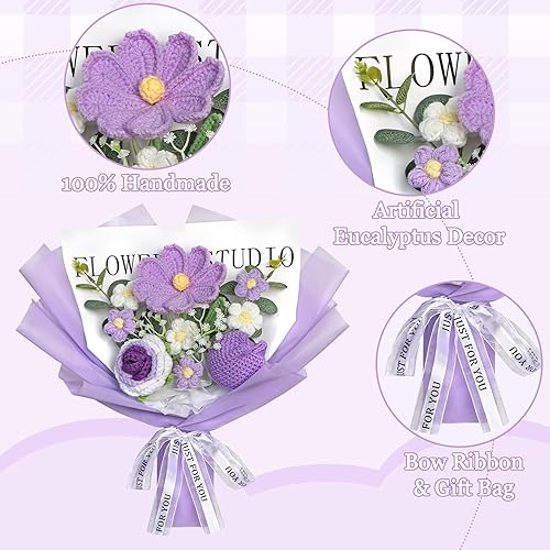 MEIVINES Bouquet de Fleurs Tulipes Roses au Crochet Tricotées Artificielles Fleur Mélange de Fleurs tricotées à la Main Fleur Artificielle pour la Fête des Mères, Anniversaire, Diplôme (Violet) - Nail Gallerys