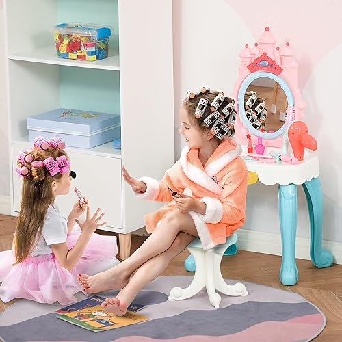 HOMCOM Coiffeuse Enfant avec Tabouret Design château de Princesse - Effets Lumineux et sonores - 12 Accessoires - ABS PP Multicolore - Nail Gallerys