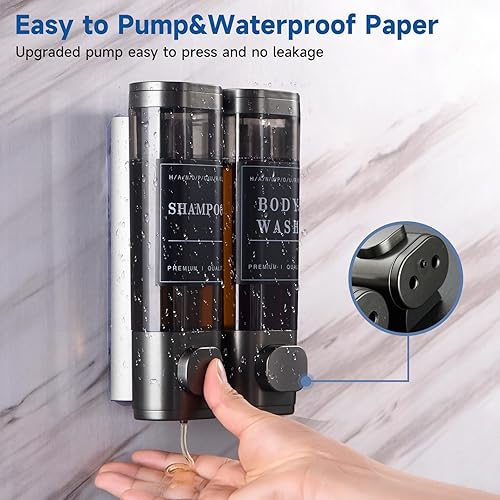 Cabo Deseado Distributeur de shampooing et d'après-shampoing pour salle de bain - Distributeur de savon mural pour douche - Sans perçage - 2 x 300 ml - Gris foncé - 2 chambres avec étiquettes étanches - Nail Gallerys