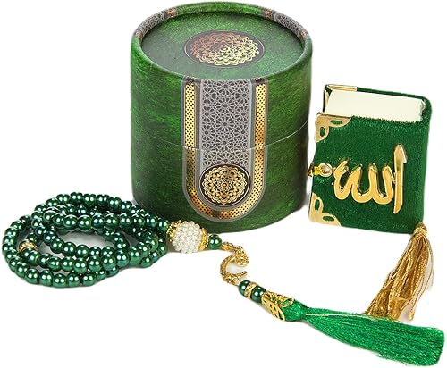 ihvan online Boîte cadeau cylindrique de prière islamique avec mini coran recouvert de velours et perles de prière Tesbih, cadeau pour le Ramadan et l’Aïd, vert - Nail Gallerys