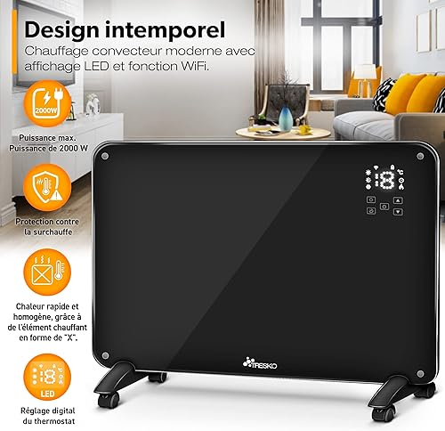 TRESKO Radiateur Electrique Mobile WiFi/App-Control & Affichage LED avec télécommande | Chauffage électrique Mural thermostat 9 ailettes de chauffage mobile économie d'énergie | Salle de Bain - Nail Gallerys