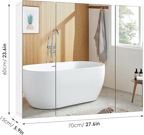 FOREHILL Armoire Salle de Bain avec Miroir Meuble Salle de Bain Murale Armoire Toilette Miroir avec 3 Portes Placard Suspendu Blanc 70x15x60cm - Nail Gallerys