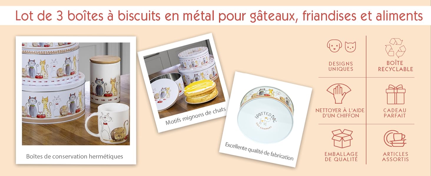 chats lot ronde boites biscuits gateaux pâtisserie bonbons aliments metal fer stockage conteneurs