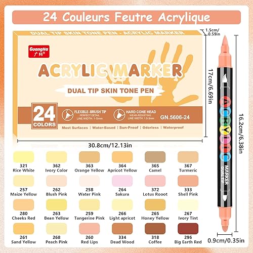 ARIEL-GXR 24 Feutre Acrylique, Marqueurs à Pinceau Acrylique Pointe pour les tons chair, Acrylic Paint Marker pour les Portraits d'enfants et d'adultes, Acrylique Verre pour Bois, Toile, Céramique - Nail Gallerys