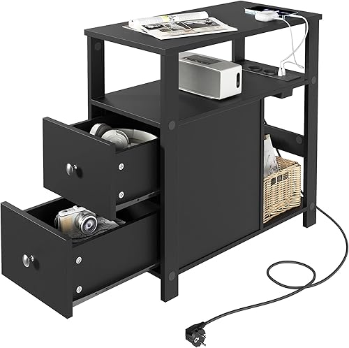 WOLTU Table d'Appoint avec Prise Intégrée, Table de Chevet Étroite avec 2 Tiroirs 2 Étagères 1 Compartiment Ouvert, 60x60x30 cm, Noir, BTS28sz - Nail Gallerys