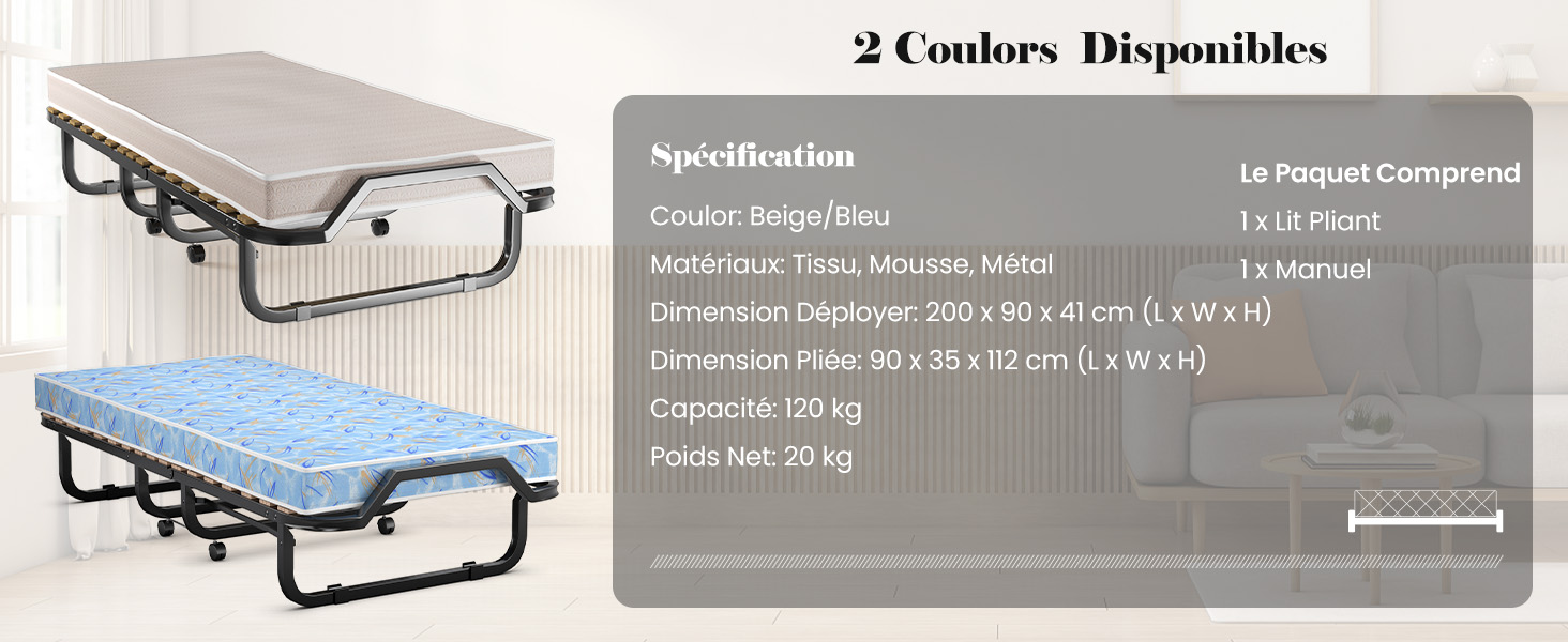 Lit Pliant 90x200 cm pour Adulte, Lit d'Appoint Pliable avec Matelas en Mousse à Mémoire de Forme