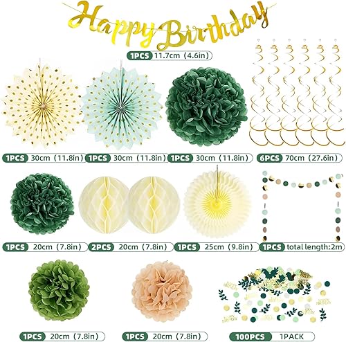 Décoration de fête réutilisable, guirlande Happy Birthday, décoration de gâteau, pompons, lanternes en papier, boules en nid d'abeille, confettis, décoration d'anniversaire vert doré, vert sauge - Nail Gallerys