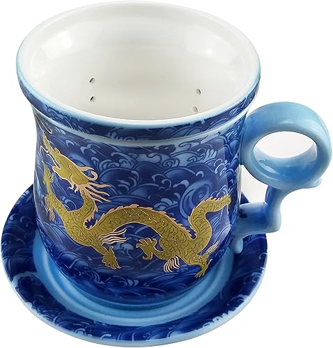 ufengke Tasse À Thé Chinois Motif de Dragon Or, Faite Main Tasse À Thé en Porcelaine Bleue et Blanche, avec Filtrer, Couvercle et Soucoupe, pour Ménage, 300ml - Nail Gallerys