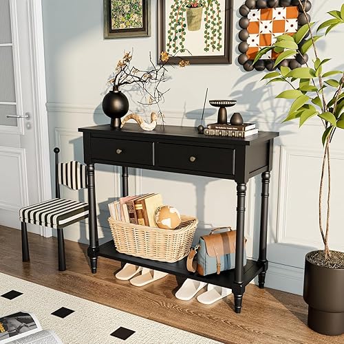 PADMA HOUSE Console Meuble en Bois Massif avec 2 tiroirs Table Console avec étagère de Console d'entrée de Hall d'entrée étroite pour 2 Niveaux Table d'entrée de Salon (Bleu foncé) - Nail Gallerys