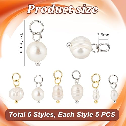 PH PandaHall 30pcs 3 tailles Pendentif Breloques en Perles Naturelles Pendentif en Perles de Perles avec Boucle Dorée/Acier Inoxydable Connecteur de Bijoux pour Colliers Bracelets, Fête des mères - Nail Gallerys