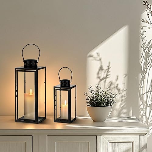 Staymoment Lanternes décoratives noires pour l'extérieur : lot de 2 photophores 24/35 cm pour l'extérieur comme balcon, jardin, décoration de table moderne, lanterne funéraire, bougeoir - Nail Gallerys