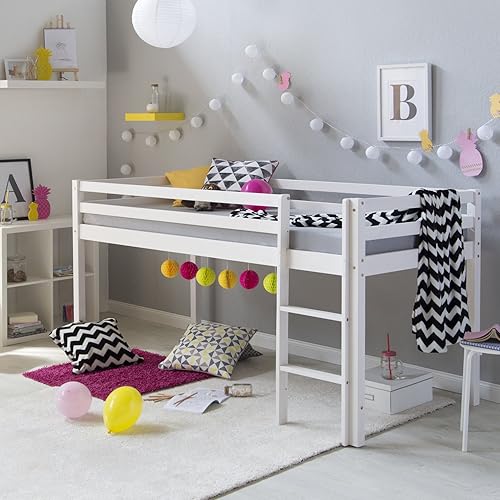 Homestyle4u Lit Mezzanine Enfant 90x200 cm Blanc avec échelle | lit d'enfant de Bois pin Massif sans sommier | lit superposé d'enfants - Nail Gallerys