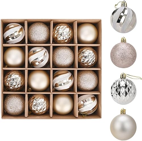 Lot de 16 boules de Noël de 6 cm, couleur champagne, multi-styles, pendentifs brillants pour la maison, la décoration de fête - Nail Gallerys