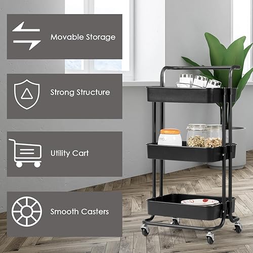 HOMASIS Chariot de Rangement à 3 Niveaux sur roulettes Universelles, Organisateur d'étagères de Rangement Mobile avec 2 Frein pour Cuisine, Salon, Salle de Bain, Support 20kg par Panier (Noir) - Nail Gallerys
