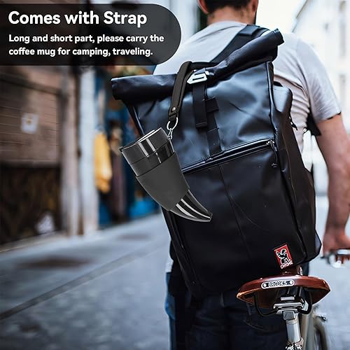 Tasse à café isolée en acier inoxydable,Tasse en corne de bœuf,Bouteille d'eau avec corde, tasses à café en forme de corne de chèvre avec couvercle et bandoulière réglable pour le voyage,230ml(Noir) - Nail Gallerys