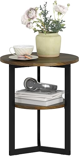 HOMCOM Table d'appoint Ronde, Table Basse Salon Industriel avec étagères de Rangement et Cadre en Acier, Bout de canapé pour Salon, Chambre, Ø 40 x 48 cm, Marron - Nail Gallerys