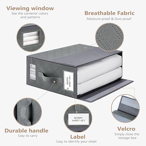 Eurhomewit Rangement Drap de Lit, Boite Rangement Drap pliable pour Housse Couette, Organisateur Drap de Lit avec Fenêtre et Poignées, Rangement Draps pour Vêtements, 2 PCS (Taille Queen/King) - Gris - Nail Gallerys