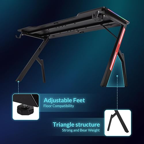 Todeco Bureau Gaming LED 140 x 60cm, Grande Bureau Gamer avec Plateau en Fibre de Carbone, Ergonomique avec Tapis de Souris, Porte-gobelet et Crochet pour Casque - Nail Gallerys