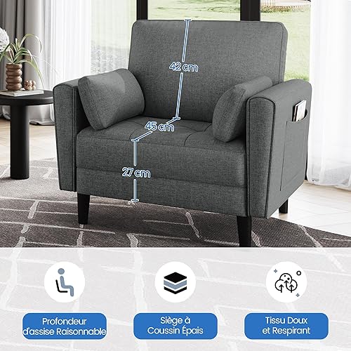 Yaheetech Fauteuil de Salon Moderne avec Accoudoir et Poches Fauteuil Relax avec Coussins Cadre en Bois Fauteuil Chambre en Tissu pour Salon Gris - Nail Gallerys