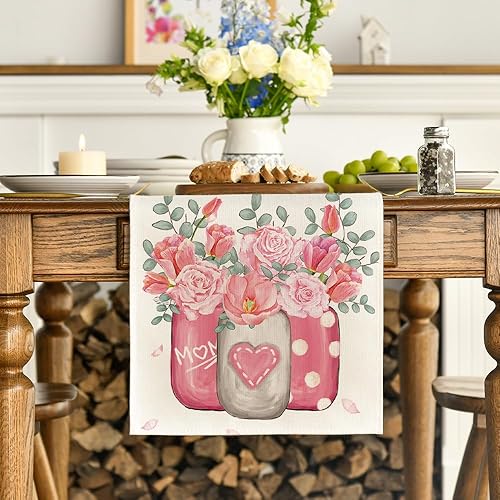 Artoid Mode Tulipes Oeillets Vase à Fleurs Eucalyptus Fête des Mères Chemin de Table Saisonnier Cuisine Table à Manger Décoration Intérieur Vacances Décor de fête 40 x 140 cm - Nail Gallerys