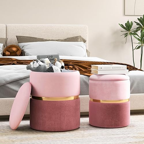 COSTWAY Lot de 2 Poufs Rangement en Tissu Lin, Pouf Coiffeuse Empilable, Garniture Argentée, Coussinets Antidérapants, Siège Rembourré, Tabouret Rond pour Coiffeuse Chambre Salon (Rose) - Nail Gallerys
