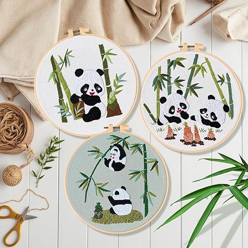 JSRQT 3 Pièces Kit de Démarrage Broderie Panda Mignon pour Débutants Adultes, Kit de Point de Croix Estampé Fait Main, pour Amateurs Artisanat avec outil, pour Décoration de Maison - Nail Gallerys