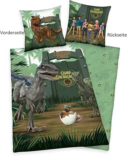 Herding Parure de lit Jurassic World Camp Cretaceous, Housse de Coussin env. 80x80 cm, Housse de Couette env. 135x200 cm, avec Fermeture éclair de Marque Facile, 100% Coton, Renforcé - Nail Gallerys