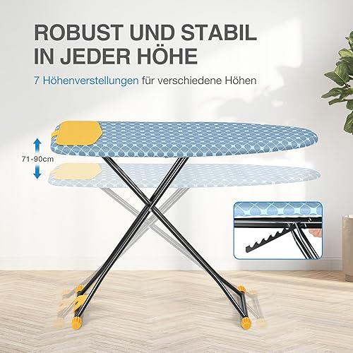 KINGRACK Table à repasser avec repose-fer, compacte et peu encombrante, housse extra épaisse, réglable en hauteur, support mural et crochet de placard 122 x 38 cm, jaune - Nail Gallerys