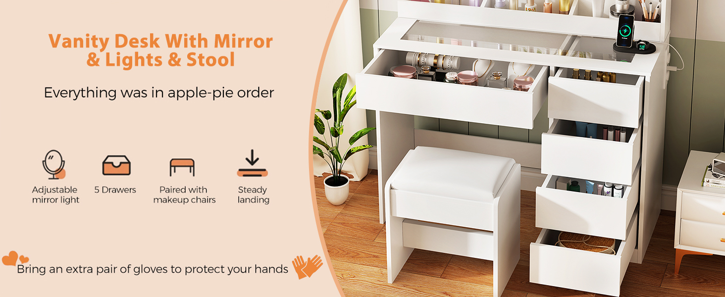 coiffeuse avec plateau en verre coiffeuse avec miroir et led rangement enfant fille blanche Grande