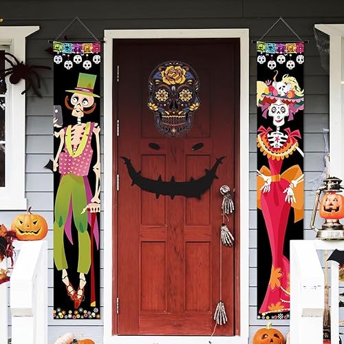 Ymxygz 2 Pièces Panneau De Porche du Jour des Morts Bannière De Porte Murale Suspendue Décorations Mexicaines pour Fête Dia De Los Muertos Bannière Suspendue pour Fête d'halloween - Nail Gallerys