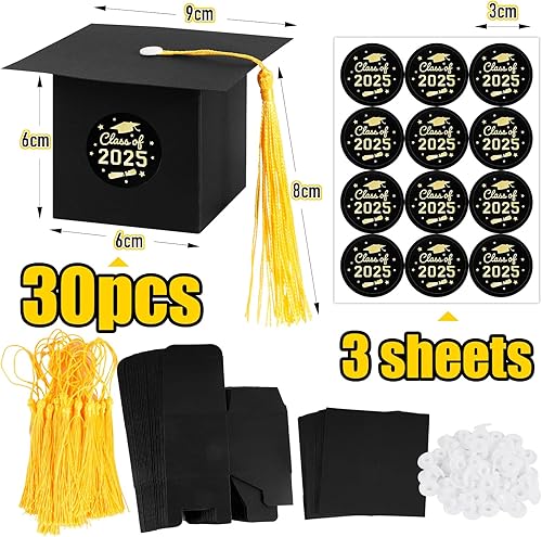 30pcs Boîte bonbon de Remise des Diplômes Forme de Chapeau Diplôme Graduation Boîtes à Dragées avec Autocollant Class of 2025 - Nail Gallerys
