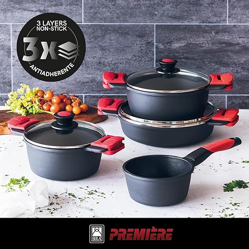 BRA Premiere | Casserole Basse de 24 cm en Fonte d'Aluminium, 3 Couches, Revêtement Antiadhésif Renforcé, 2 Poignées Amovibles en Silicone | Convient à Tous les Types de Plaques de Cuisson - Nail Gallerys