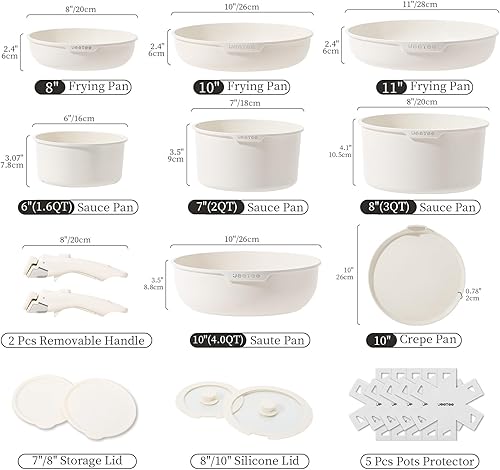 JEETEE Ensemble de casseroles et poêles antiadhésives 19 pièces, ensemble d'ustensiles de cuisine avec poignée amovible, ensemble de cuisine pour camping-car, poignées amovibles, ensemble empilable - Nail Gallerys
