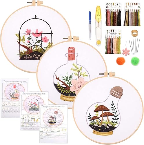 Kit de Démarrage de Broderie, 3 Pcs Kit de Broderie au Point de Croix avec Modèle et Instructions, Kit de Broderie Débutant pour Adultes pour la Couture d'Artisanat d'Art DIY (Fleurs et Plantes) - Nail Gallerys