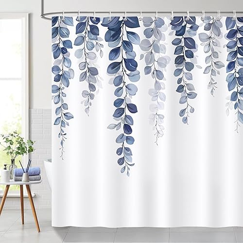 Bonhause Rideau de Douche Feuilles d'eucalyptus Plante Bleu Rideau de Bain Tissu Polyester Anti Moisissure Imperméable Lavable Rideaux Salle de Bain 180 x 180 cm avec 12 Crochets pour Baignoire - Nail Gallerys