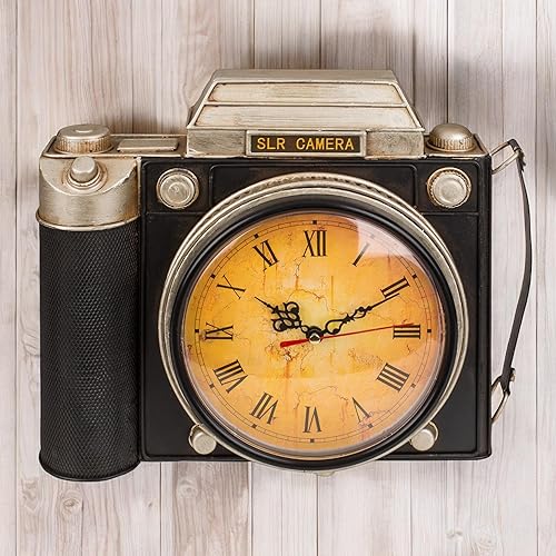 MIJOMA Armoire à clés rétro avec horloge - Design caméra vintage - En métal - Environ 23 x 8,5 x 29 cm - Décoration murale au look rétro - Nail Gallerys