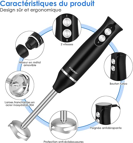 Lustlocke 4-en-1Mixer Plongeur, Mixeur Plongeant Multifonction 500w, 2 Vitesses Variables, avec Fouet, Hachoir de 500ml et Verre Doseur 700 ml, pour Préparations, BébéS, Soupes, Smoothies et Purées - Nail Gallerys