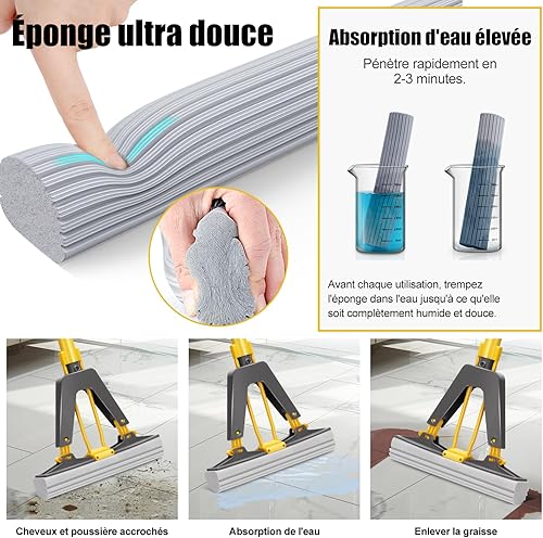 Myiosus Balai Eponge, Balai éponge Magique Absorbant avec Essoreuse Intégrée, Serpillière éponge avec 3 Réutilisables PVA éponge Head, Balai Serpillere pour Nettoyage de Sols - Nail Gallerys