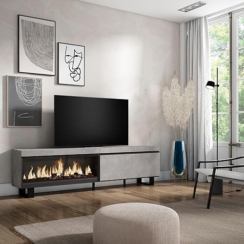 Skraut Home | Meuble TV | Banc Télé | Grand Espace de Rangement | 210 | pour Les TV jusqu'à 80' | Cheminée électrique XXL | Design Industriel | Style Moderne | Ciment - Nail Gallerys