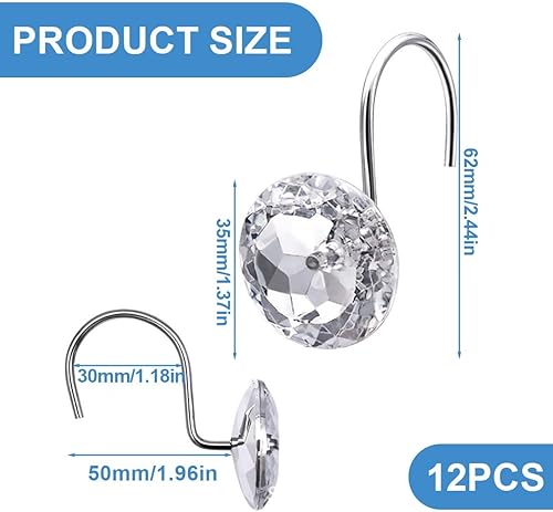 Lot de 12 Anneaux de Rideau de Douche en Acier Inoxydable avec système de Glissement pour Rideau de Douche, Crochet en acrylique transparent pour pierres précieuses, Crochets Simples - Nail Gallerys