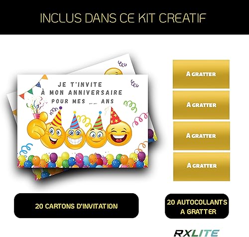RXLITE Nouveauté 2024: Invitez avec Magie grâce aux 20 Cartes Anniversaire premium sur le thème Smiley EMOJI à Gratter + Autocollants Dorés - Joie et Créativité pour votre Enfant! - Nail Gallerys