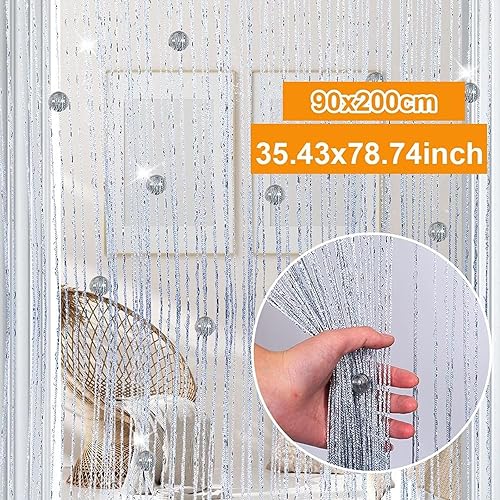 MOAZIFI Rideau à fils en perles argentées - Rideau anti-mouches pour porte de terrasse, porte de balcon - Rideau perlé - 100 x 200 cm - Séparateur de pièce - Décoration de porte - Nail Gallerys