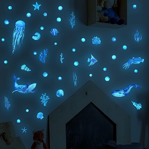 Bkemkri Autocollants Lumineux Animaux Marins Stickers Vie Marine Stickers Muraux sous Baleine Poissons Fluorescent Autocollant pour Chambres Salon d'enfants Décoration de Plafond Wall Stickers Bleu - Nail Gallerys