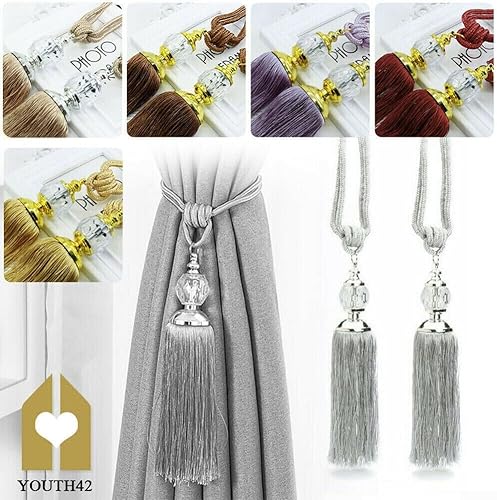 Embrasse de rideaux à pompons en polyester avec perles de cristal pour décoration de salon, chambre à coucher (gris) 32 cm - Nail Gallerys