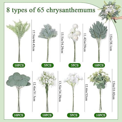 Druuzyl 65pcs Fleurs Artificielles Vert & Blanc - Bouquet DIY en Soie Synthétique avec Branches pour Décoration Maison/Mariage/Bureau, Plantes Faux Réalistes pour Arrangement Floral (Lot de 65) - Nail Gallerys