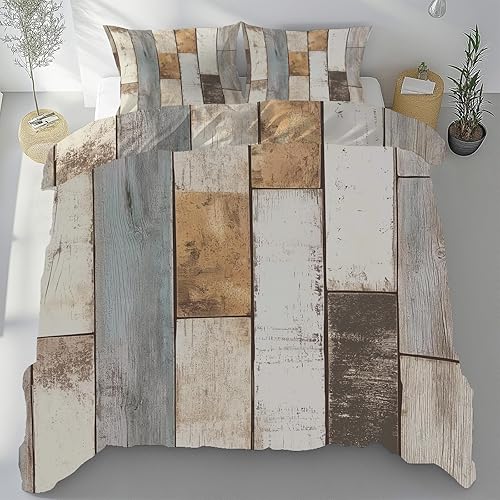 Sshjfeu Housse de Couette 220x240 Planche Rustique Rétro Ferme, Parure de Lit Wooden Nostalgique 2 Personnes en Microfibre avec Fermeture Éclair Réversible, 2 Taies d'oreiller 65x65 cm - Nail Gallerys