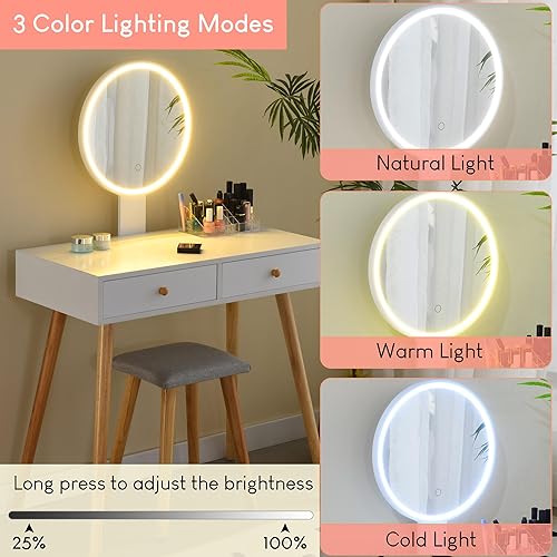 Ezigoo Coiffeuse Blanche en Bois avec Miroir LED et Tabouret – Réglable en Hauteur avec Éclairage à Trois Températures - Nail Gallerys