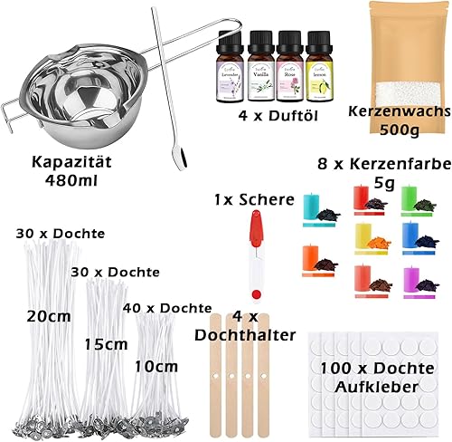 ALLAVA Kit de fabrication de bougies DIY pour adultes, avec cire de bougie, 500 g, 4 huiles parfumées, 8 couleurs de bougie, mèches de bougie, autocollants, porte-mèche, kit de bricolage pour la - Nail Gallerys